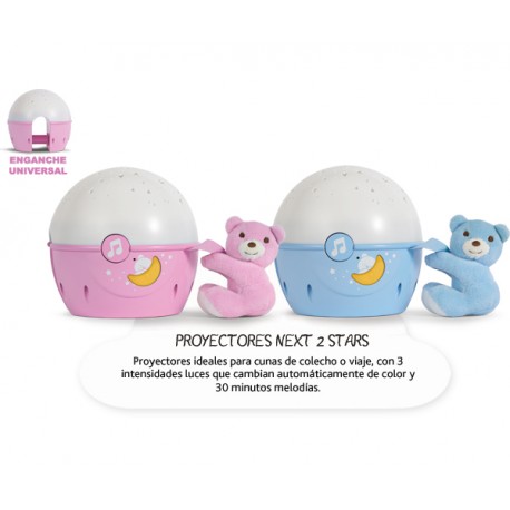 Chicco - Proyector Next2stars con 3 intensidades de luz y música, enganche universal, color rosa