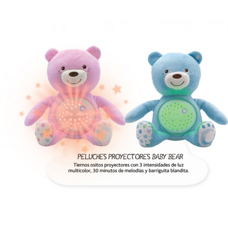 Chicco - Proyector Baby Bear, peluche extrasuave con efectos de luz y melodías, color azul