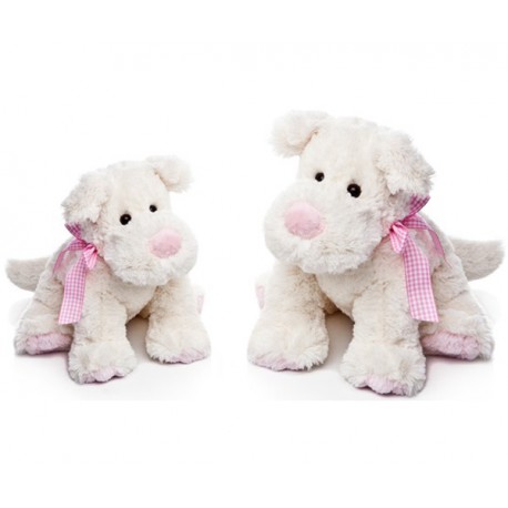 PELUCHE PERRO MARFIL 28 CM.LAZO ROSA