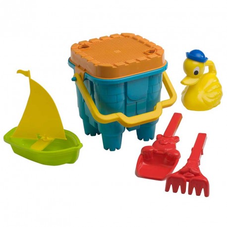 CONJUNTO PLAYA CUBO CASTILLO 20 CM + BARCO MAXI Y REGADERA PATITO (RED)