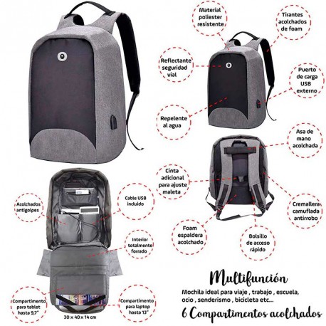 MOCHILA ANTIROBO ANTI-THEFT GRIS