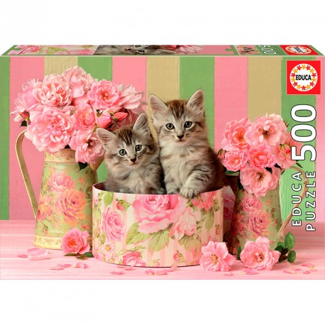 PUZZLE 500P GATITOS CON ROSAS