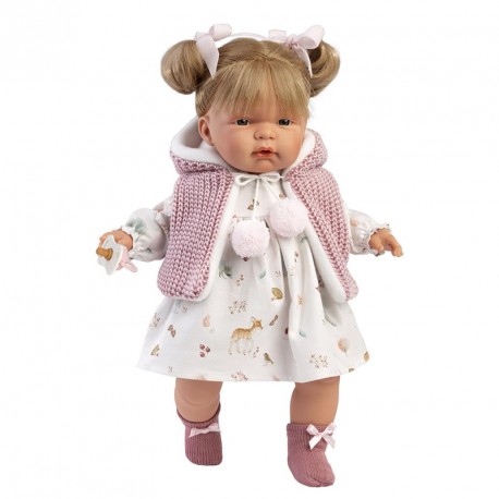 MUÑECA JOELLE LLORONA CHALECO LANA ROSA 38CM