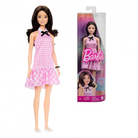 BARBIE FASHIONISTAS CON VESTIDO ROSA A CUADROS DE RIZO RAPIDO