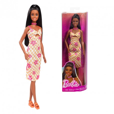 BARBIE FASHIONISTAS NEGRA VESTIDO CUADROS Y FLORES