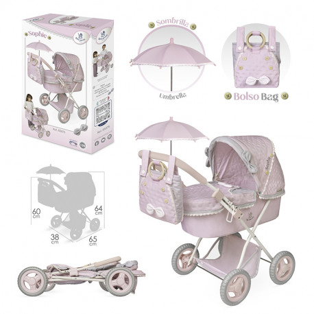 SOPHIE COCHE DE MUÑECA PLEGABLE CON SOMBRILLA Y BOLSO