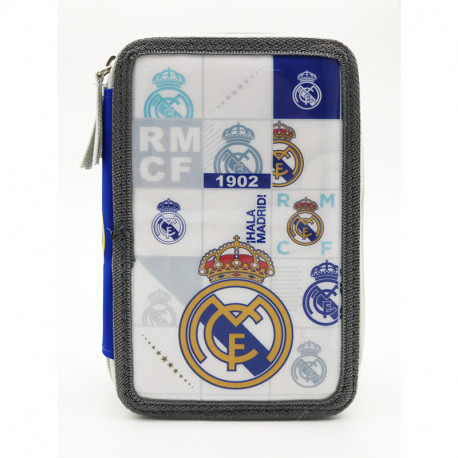 REAL MADRID PLUMIER 3 PISOS CON MATERIAL ESCOLAR