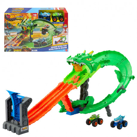 HOTWHEELS MONSTER TRUCKS SHARKS VS DINOS DRAGON DESTRUCTION PISTA CON 2 COCHES