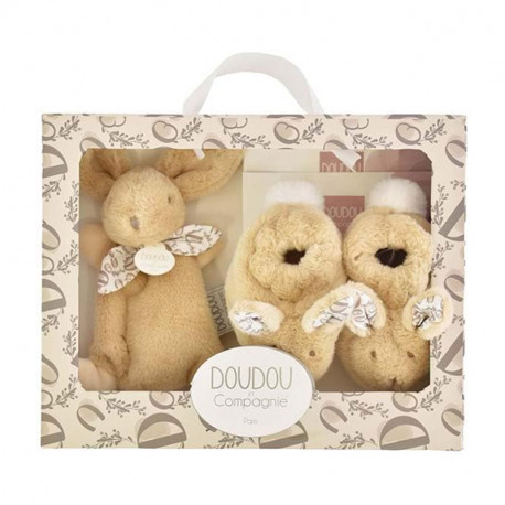 DOUDOU CONJUNTO DE PANTUFLAS Y CONEJO BEIGE