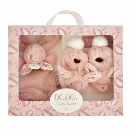 DOUDOU CONJUNTO DE PANTUFLAS Y CONEJO ROSA