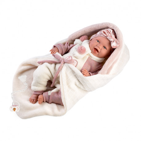 MUÑECA RN LLORONA VESTIDA C/MANTITA ROSA 40 cm