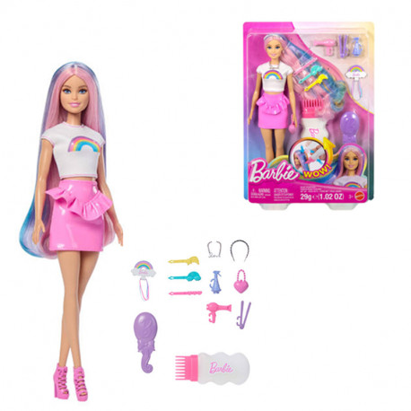 BARBIE PELO ARCOIRIS BRILLANTE MUÑECA RUBIA CON ACCESORIOS PARA EL PELO