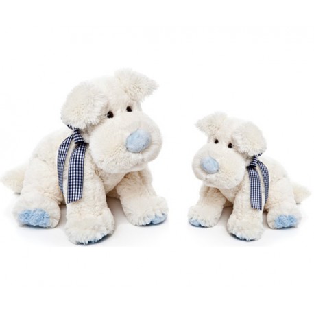 PELUCHE PERRO MARFIL 20 CM.LAZO CELESTE