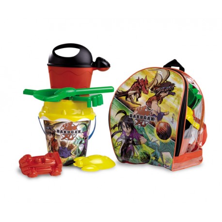 SET PLAYA MOCHILA BAKUGAN CON CUBO REGADERA PALA RASTRILLO Y 2 MOLDES (FORMULA 1 Y NAVE ESPACIAL)