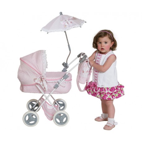 COCHE MUÑECA + BOLSO Y SOMBRILLA ROSA